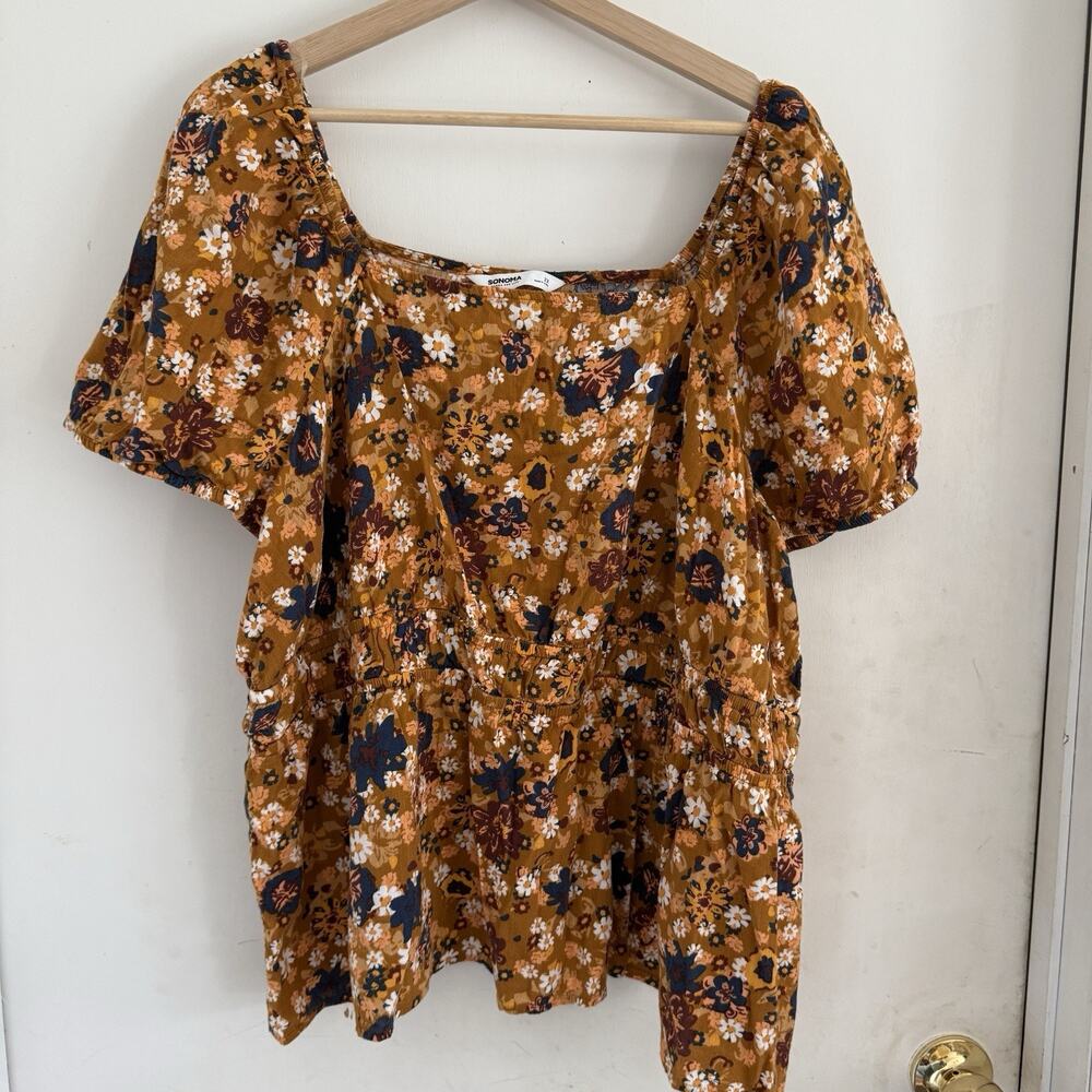 Sonoma Brown Floral Puff Sleeve Top Size 2X Boho Earthy Prairie Peasant Casual